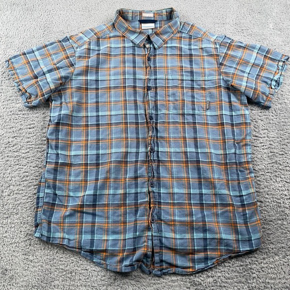 Columbia Shirt Mens Large Blue Orange Plaid Short Sleeve Button Up Regular Fit - Picture 2 of 9